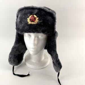Soviet USSR Ushanka Trapper Hat Red Star Badge Gray Faux Fur Reproduction (W9)